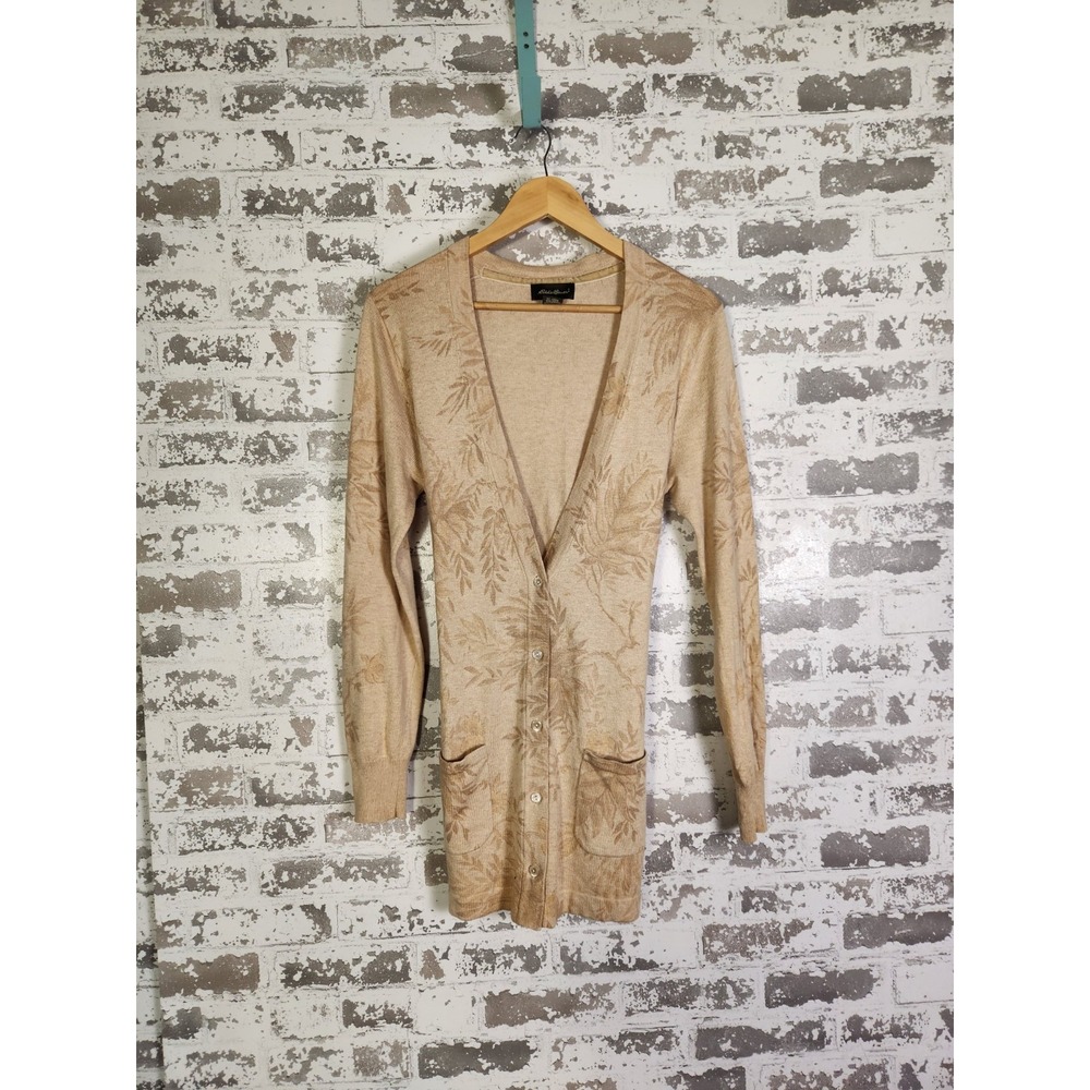 Eddie Bauer‎ Cardigan Sweater Large Brown Cotton Cashmere Belted Botanical Vtg.